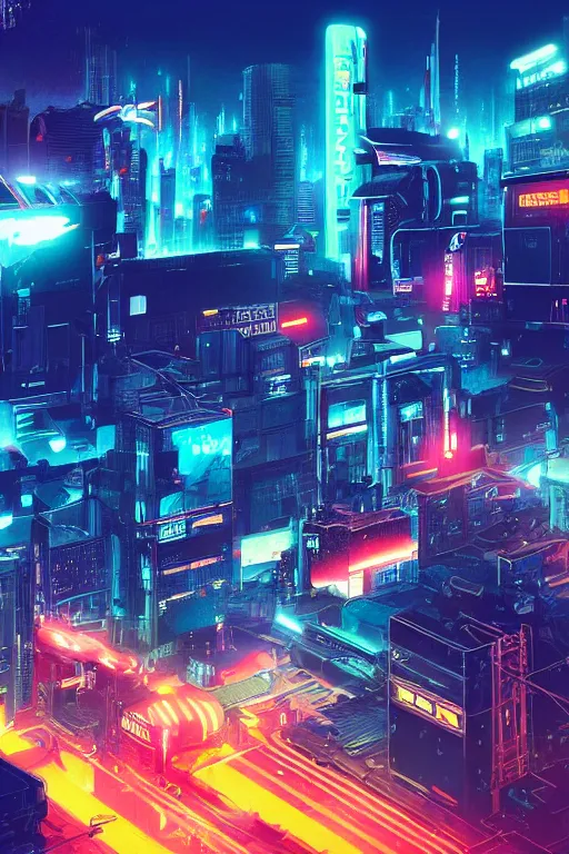 Image similar to cyberpunk city with a flight vehicle glowing in the sky, neon sign, cinematic composition, wide shot, bladerunner, digital illustration, concept art