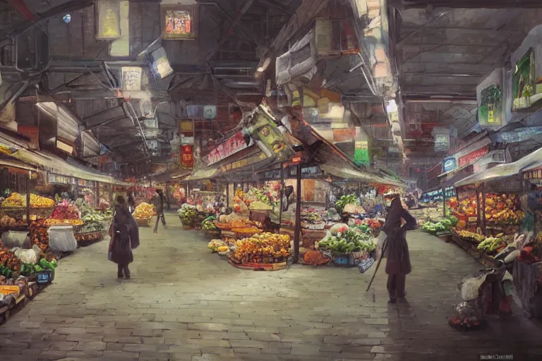 Prompt: a beautiful painting of an underground market, Feng Zhu, digital art, artstation