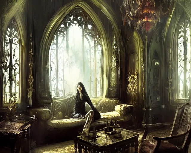 Prompt: a room inside a gothic mansion, ornate, elegant, artwork, paint, complimentary, digital art, realism - colors, bastien lecouffe - deharme, by jeremy mann