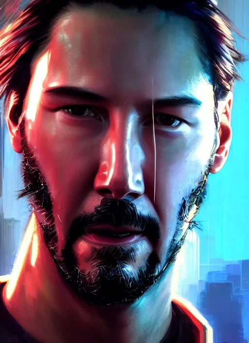 Prompt: portrait of Keanu Reeves as a character in Cyberpunk 2077, looking at camera, intricate, elegant, sci-fi, extremely detailed, digital painting, artstation, concept art, smooth, sharp focus, illustration, ambient lighting, incredible art by artgerm and greg rutkowski and alphonse mucha and simon stalenhag