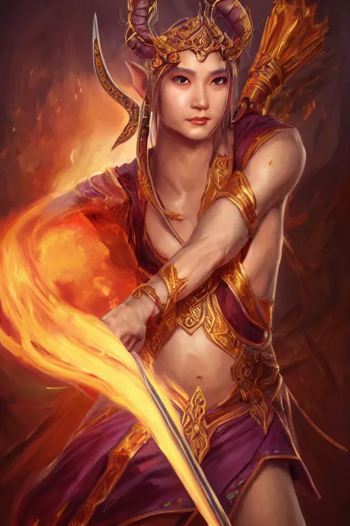 Image similar to a masterpiece portrait of nezha, young elf prince holding spear, flame everywhere, epic pose, fantasy character portrait, closeup shot, hyper detailed, digital painting, 8 k realistic, trending on artstation, sharp focus, dof, by fenghua zhong, artgerm, ne zha from smite, jeff easley, raymond swanland