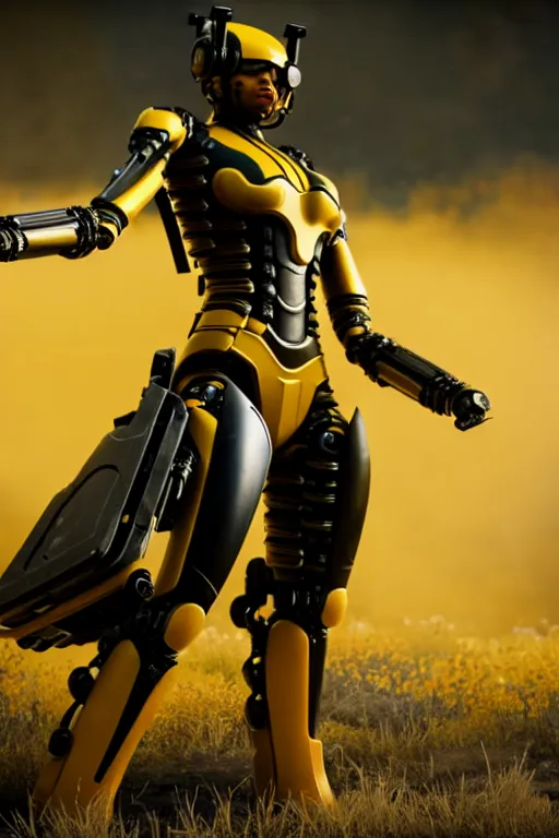 Image similar to a cinematic still from westworld, full body yellow mech bumblebee, octane render, nvidia raytracing demo, masterpiece, aged armor plating, aggressive head,