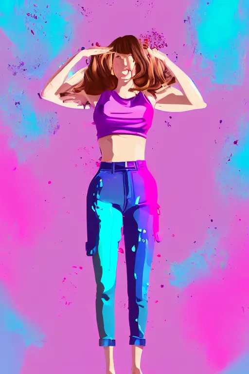 Image similar to a award winning half body portrait of a beautiful woman in a croptop and cargo pants with ombre purple pink teal hairstyle with head in motion and hair flying listenin to music on headphones by wlop, paint splatter, outrun, vaporware, shaded flat illustration, digital art, trending on artstation, highly detailed, fine detail, intricate