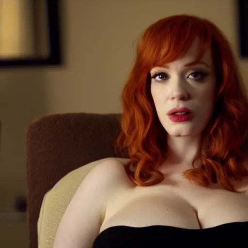 Image similar to amazing beautiful Christina Hendricks with mouth wide open in the living room, film still from the movie directed by Denis Villeneuve , wide lens