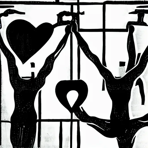 Image similar to clean black and white print on white paper, logo of a symmetric heart with a stylized gymnast human body silhouette inside