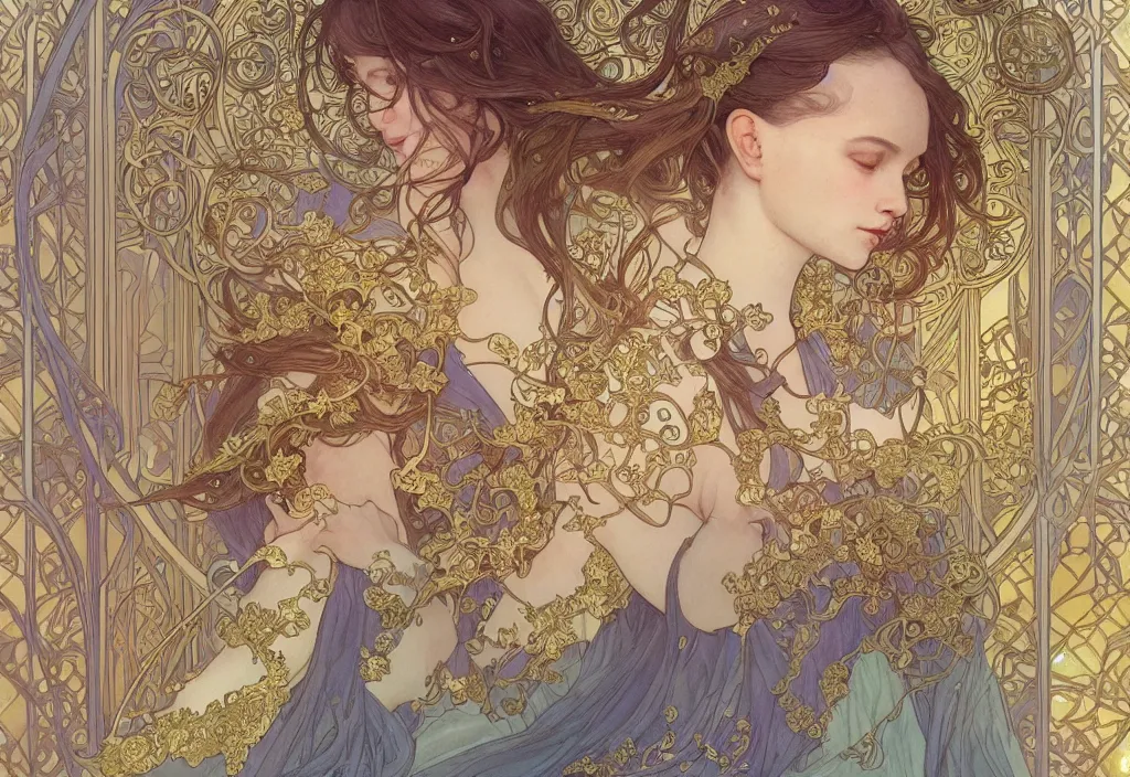 Prompt: love, highly detailed, very intricate, art nouveau, gold filigree, romantic storybook fantasy, soft cinematic lighting, award - winning, disney concept art watercolor illustration by mandy jurgens and alphonse mucha and alena aenami, pastel color palette, featured on artstation