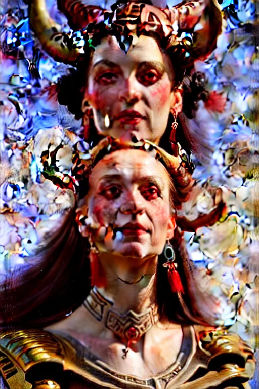 Image similar to painted close - up portrait of a very attractive red - skinned intimidating demon cyborg queen with ram horns! oil painting, wearing a noblewoman's outfit, fantasy art by john singer sargent and gaston bussiere and james jean and greg rutkowski, demon noble character design, hd