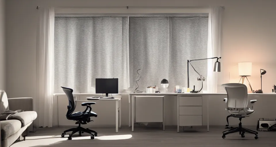 Image similar to an excited insomniac sitting on his aeron chair at his small ikea desk staring up at a multi-monitor setup at 3AM with the sunrise peeking through the curtain blinds , hyperdetailed, octane , hyper realistic , detailed , interior , hyperfocal 8k , in the style of Gregory Crewdson