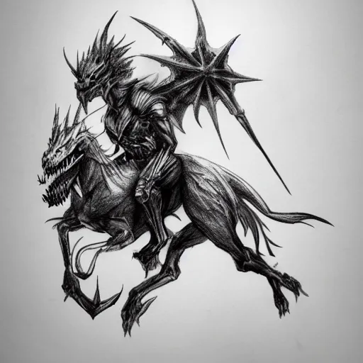 Prompt: Dark Grim Reaper Riding a Mythical Dragon in the forest, Pencil Sketch, Drawing, Black and White, artstation, deviant art, trending