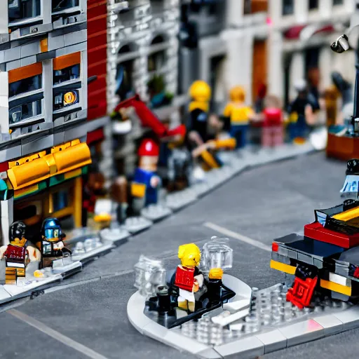 Image similar to mini lego war in the city, photorealistic, highly detailed, sharp focus, vivid, symmetrical, random, convoluted, mind - blowing, creative, fully functional, physics defying, amazing, cool, atmospheric