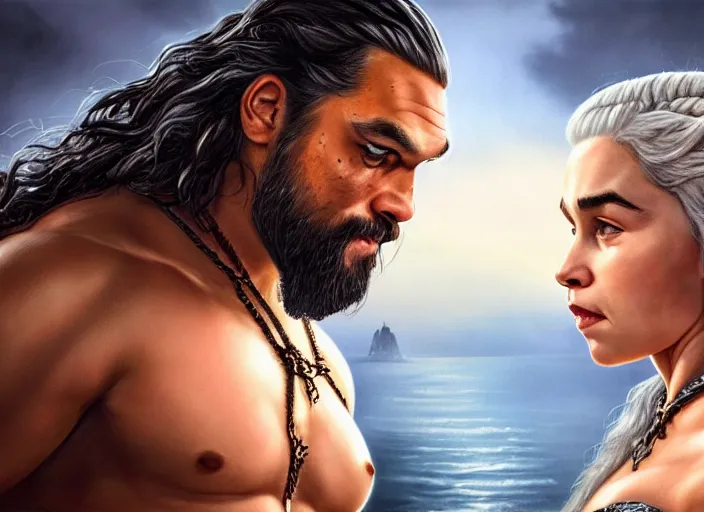 Prompt: jason momoa as khal drago and emilia clarke as queen daenerys stormborn together by anne stokes and larry elmore, detailed matte painting, realistic portrait, symmetrical, highly detailed, digital painting, artstation, concept art, smooth, sharp focus, illustration, cinematic lighting, 8 k resolution
