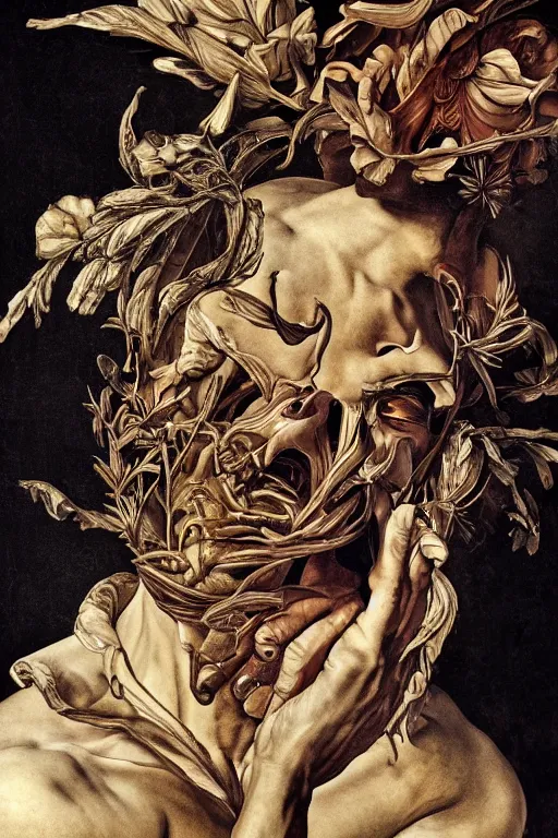 Prompt: Detailed maximalist portrait a Greek god with large lips and with large white eyes, exasperated expression, fight pose, fleshy skeletal, botany, HD mixed media 3d collage, highly detailed and intricate, surreal illustration in the style of Caravaggio, dark art, baroque