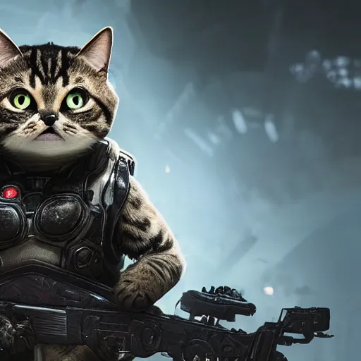 Prompt: lil bub the cat in gears of war, splash art, movie still, cinematic lighting, dramatic, octane render, long lens, shallow depth of field, bokeh, anamorphic lens flare, 8 k, hyper detailed, 3 5 mm film grain