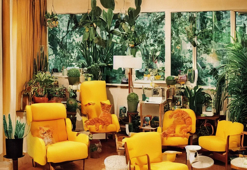 Image similar to 1970s interior magazine photo of two yellow armchairs with a glowing lava lamp next to it, at dusk, with kittens, wooden walls with framed art, and a potted cactus and some hanging plants, with dappled light coming in through a circular window