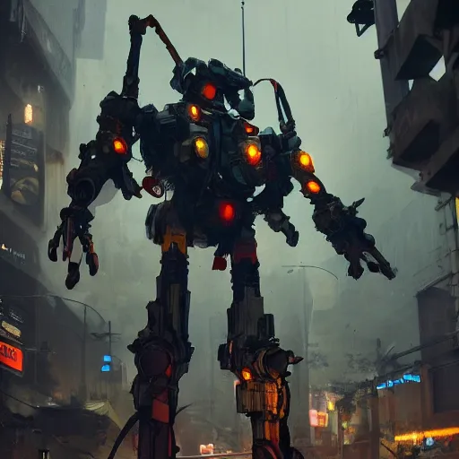 Image similar to six feet tall mech fighting in an urban environment, gaudi, by ismail inceoglu, octane render, by weta digital, cinematic lighting, bump mapped, lumen reflections, action scene screenshot, epic scale, trending on artstation