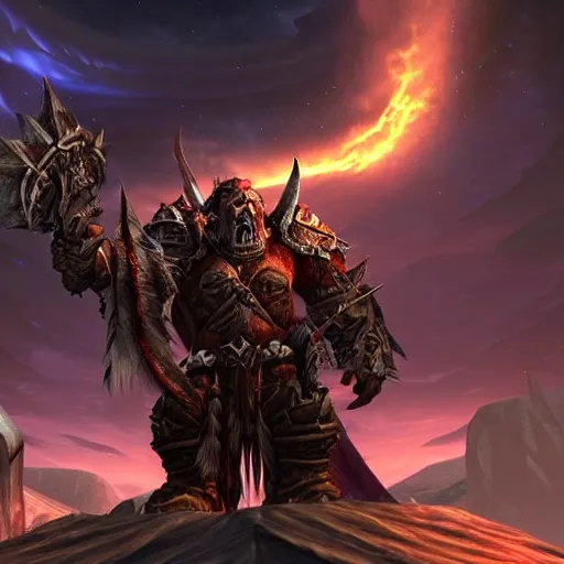 Prompt: epic world of warcraft orc warrior chief thrall standing in front of a gigantic throne made of dark ice with a dark sky above made of a dark hurricane spiral, extremely detailed, wow, cinematic