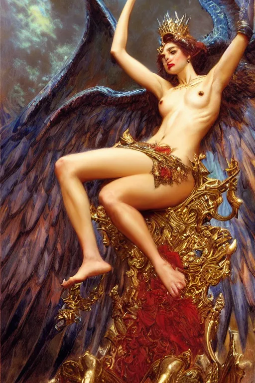 Image similar to full body portrait of harpie queen astride her throne, highly detailed painting by gaston bussiere, craig mullins, j. c. leyendecker, 8 k, mid shot