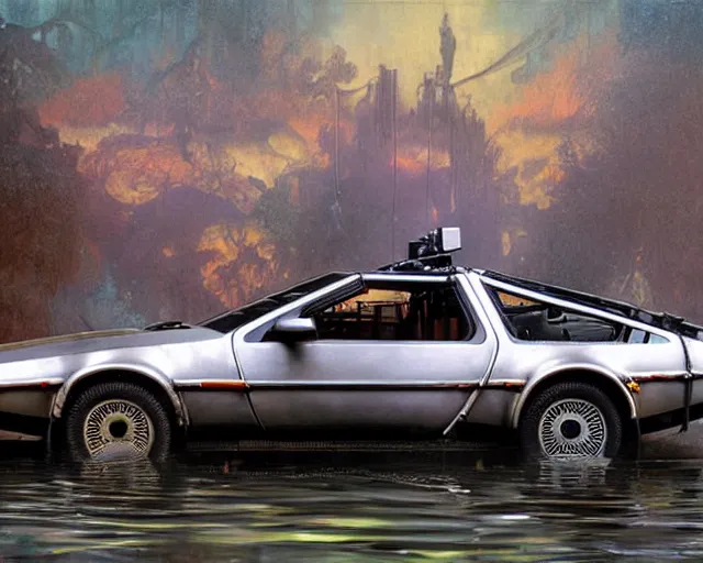 Image similar to delorean rusting submerged under water, cinematic, photoreal, by greg rutowski, by alphonse mucha, by stanley artgerm