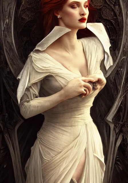 Image similar to sansa angeline jolie gessica chastain victorian vampire, intricate, elegant, highly detailed, digital painting, artstation, concept art, smooth, sharp focus, illustration, art by artgerm and greg rutkowski and alphonse mucha and william - adolphe bouguereau