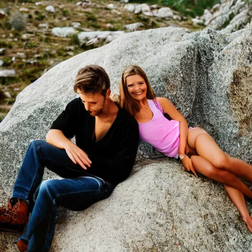 Image similar to boyfriend and girlfriend sitting together on a large square rock,