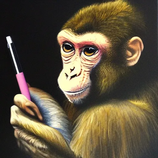 Prompt: a monkey philospher pens its magnum opus, oil on canvas