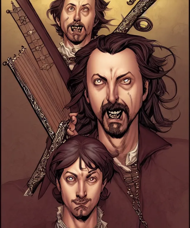 Prompt: a ( fantasy comic ) ( cover art ) portrait of a clueless bard who looks like ( tom green ), digital illustration by jenny frison and sana takeda and kentaro miura, fine inking lines, dnd, highly detailed!, hd, 4 k, trending on artstation