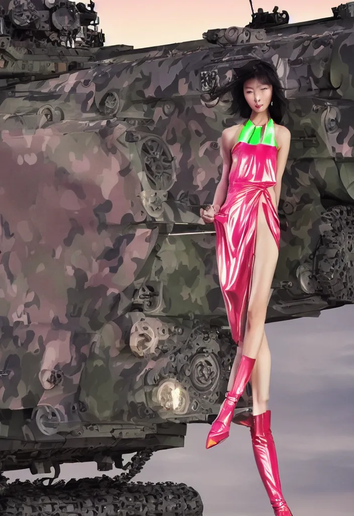 Image similar to gorgeous chinese model, elegant shiny reflective party dress, at the front of a military tank at dusk, high fashion photography for vogue italia, fluorescent color airbrush accents, neon lasers, linear geometry