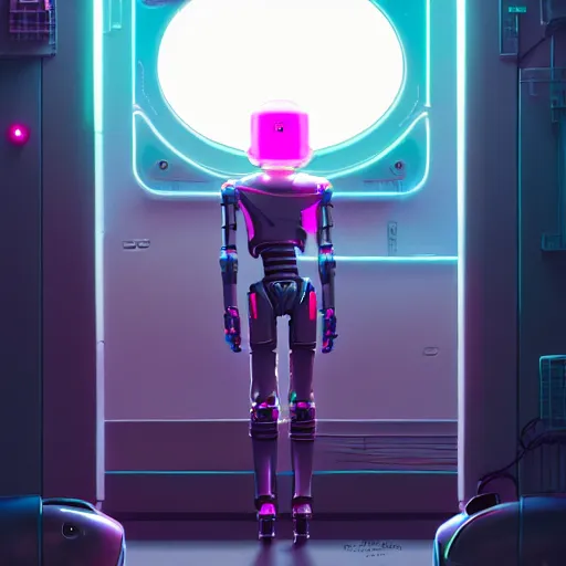 Image similar to highly detailed surreal neon robot android young christina hendricks, robocop, scream, stephen bliss, unreal engine, greg rutkowski, loish, rhads, beeple, makoto shinkai and lois van baarle, ilya kuvshinov, rossdraws, tom bagshaw, global illumination, detailed and intricate environment