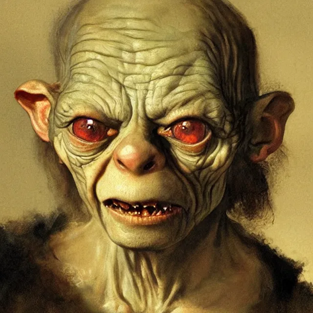 Prompt: a portrait of gollum painted by rembrandt