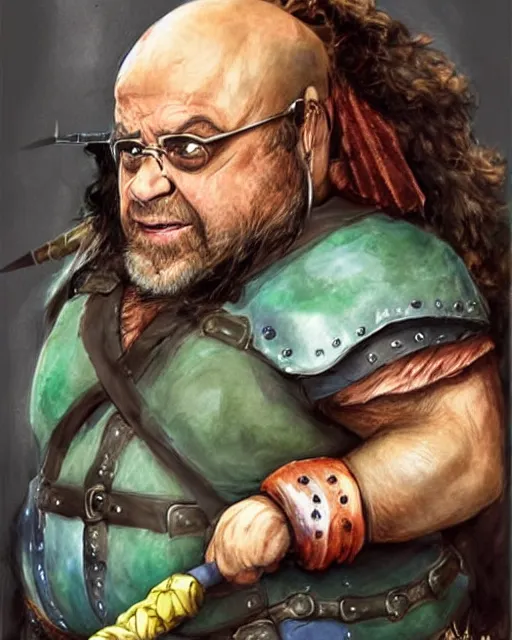 Image similar to Danny DeVito as a dwarf barbarian, water color, Dungeons and Dragons, Wizards of the Coast