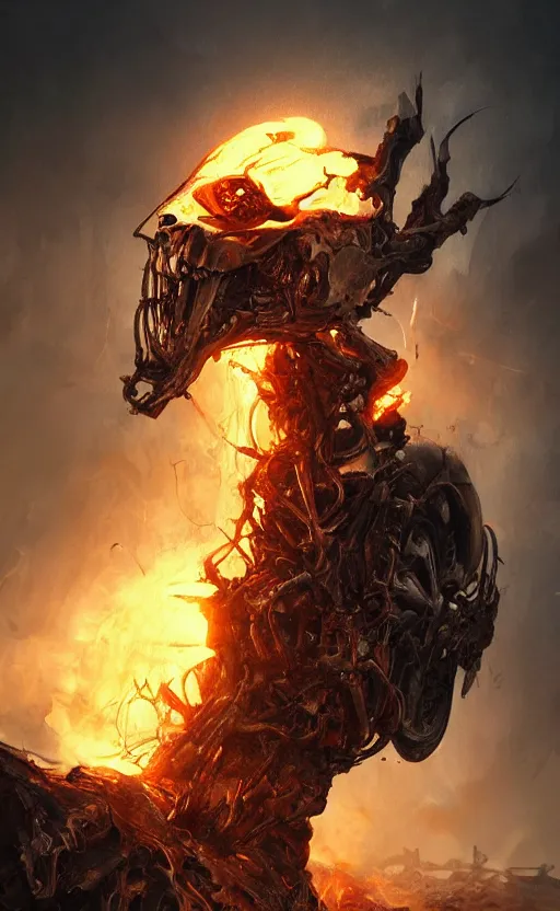 Prompt: dead as ghost rider, dynamic lighting, photorealistic fantasy concept art, trending on art station, stunning visuals, terrifying, creative, cinematic