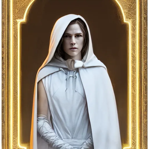 Image similar to portrait of an woman wearing a white cape with a hood and holding an hunter bow, Matte painting , detailed painting, made by Greg Rutkowski, 4k, atmospheric