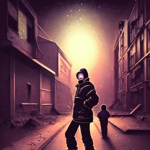 Image similar to A portrait of a cyberpunk teen gopnik on the street of a Soviet slum on the Moon, under a black sky, blinding lights, Neo Norilsk, sci-fi, fantasy, intricate, very very beautiful, elegant, highly detailed, digital painting, artstation, concept art, smooth, sharp focus, illustration, art by artgerm and greg rutkowski and alphonse mucha