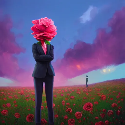 Image similar to closeup, giant rose flower head, frontal, girl in suit, surreal photography, sunrise, blue sky, dramatic light, impressionist painting, digital painting, artstation, simon stalenhag