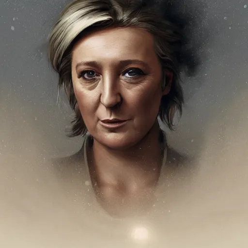 Image similar to Portrait of Marine le Pen , french revolution, amazing splashscreen artwork, splash art, head slightly tilted, natural light, elegant, intricate, fantasy, atmospheric lighting, cinematic, matte painting, detailed face, by Greg rutkowski