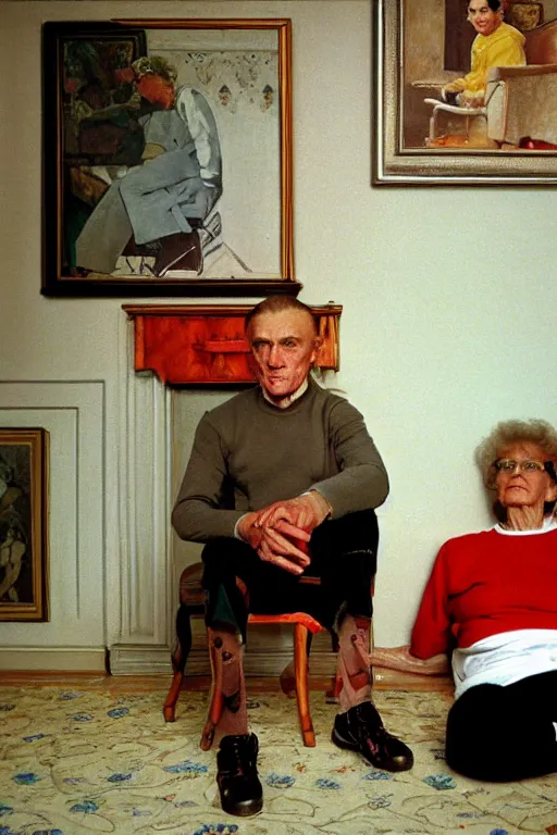 Prompt: portrait of russian athlete young man posing in his grandparents living room, his grandmother sitting on the sofa by a carpet on the wall, 1987, norman rockwell