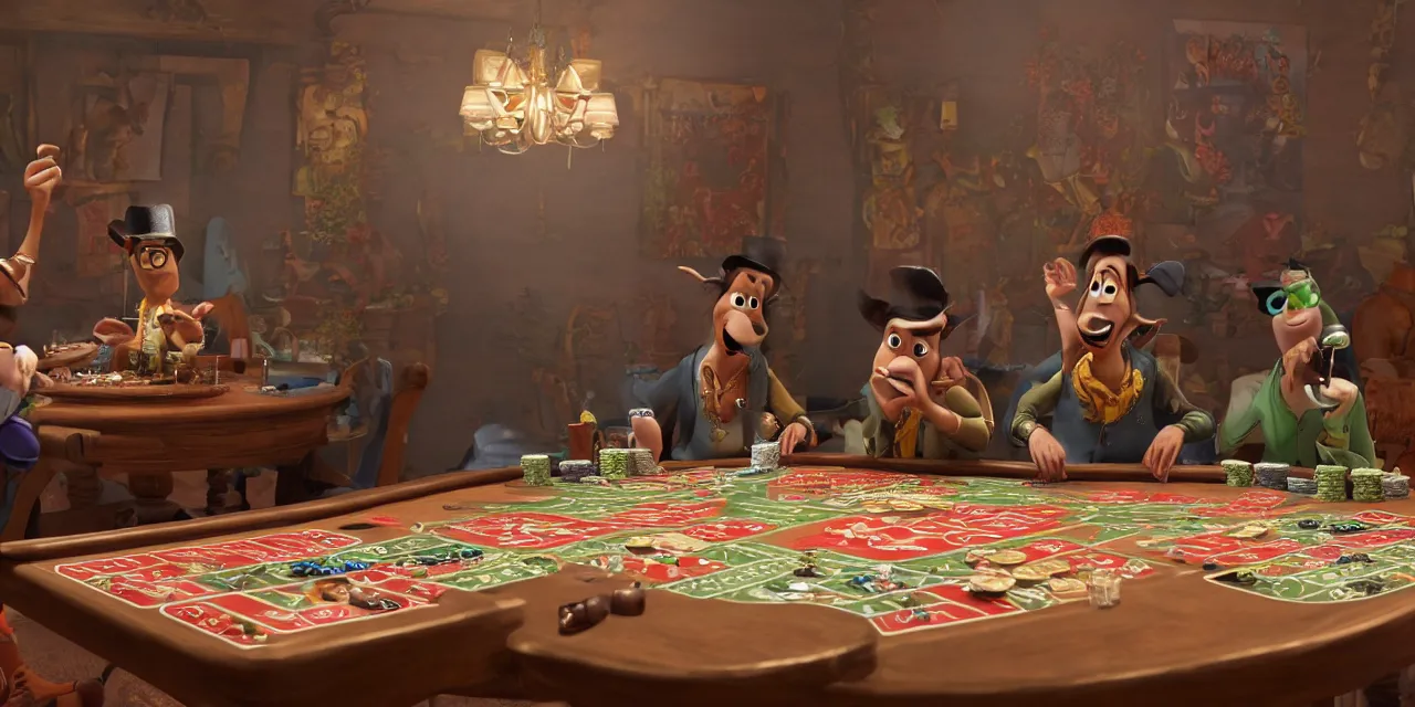 Image similar to wildwest poker table with ganesh and siddhartha as a pixar disney characters from up 2 0 0 9 unreal engine octane render 3 d render photorealistic