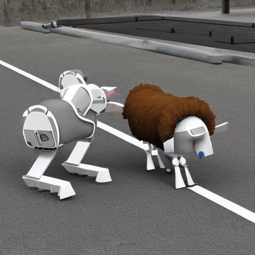 Prompt: robot sheep fighting, realistic, 3 d