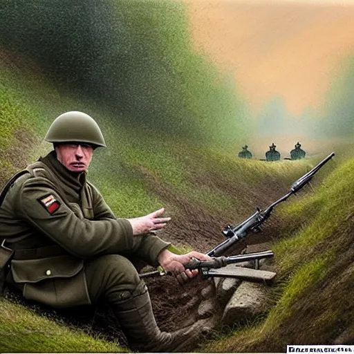 Prompt: Putin is sitting in the trenches and defending himself from Ukrainian troops, hyperrealism, photorealism, super realistic