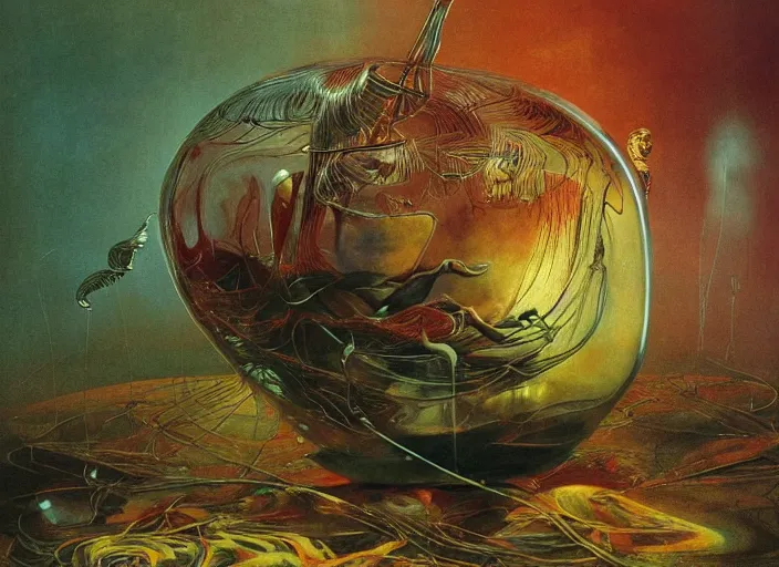 Image similar to dreamscape in a jar, gorgeous lighting, highly detailed, by zdzisław beksinski and francis bacon, art by dave mckean and rowena morrill and jeanbaptiste monge, computer aesthetic, vaporwave