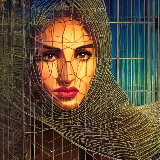 Prompt: detailed face of an arabic woman, opulent wireframe courtyard, moment, tectonic sky, skydome, reactor, utopian, tech noir, wet reflections, prism, atmospheric, ambient, pj crook, syd mead, livia prima, artgerm, greg rutkowski, nick alm, casey baugh