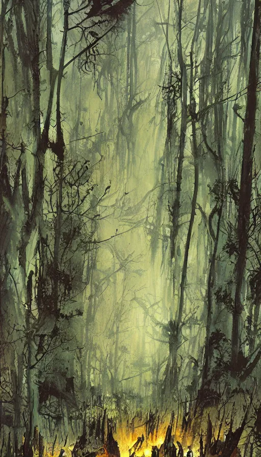 Image similar to a storm vortex made of many demonic eyes and teeth over a forest, by john berkey