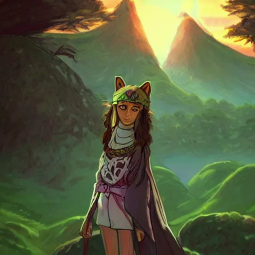 Prompt: “Zendaya, portrait!!! Mononoke-hime style, cartoon, blue sky with white clouds green hills and mountains on the background, fantasy, photorealistic, concept Art, ultra detailed portrait, 4k resolution”