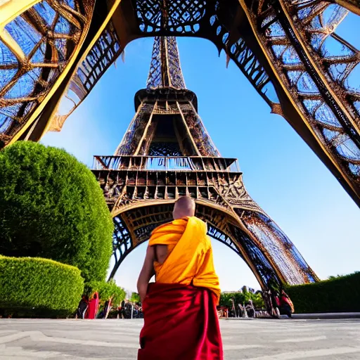 Prompt: buddhist monk fighting a snail in front of the eiffel tower, 4 k wide angle photograph