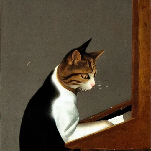 Prompt: cat on keyboard tragedy in the style of johannas vermeer