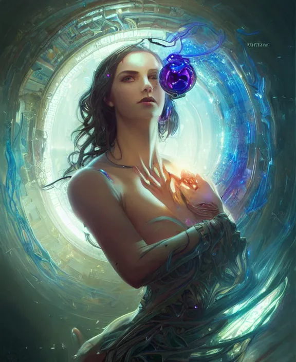 Image similar to a whirlwind of souls rushing inside the metaverse, half body, glowin eyes, tiara with sapphire, insect, android, cyberpunk, d & d, fantasy, intricate, elegant, highly detailed, colorful, vivid color, digital painting, artstation, concept art, art by artgerm and greg rutkowski and alphonse mucha and ruan jia