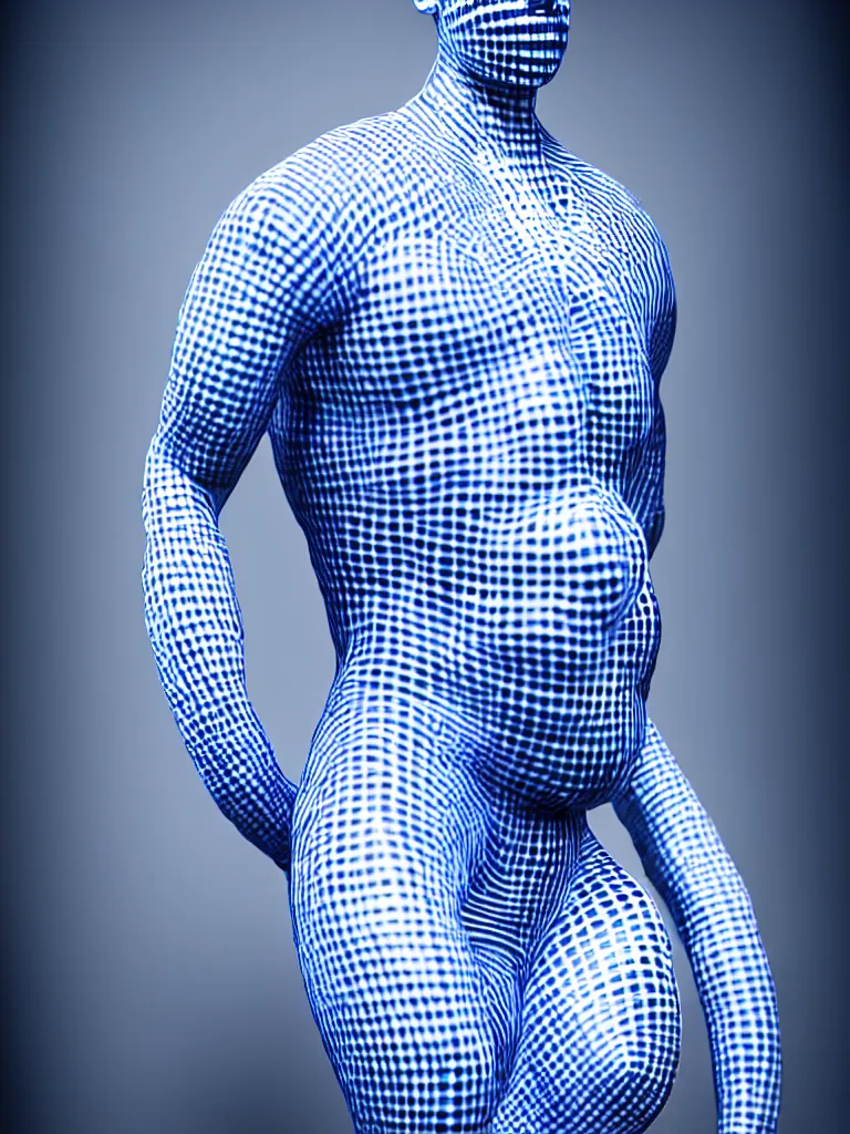 Image similar to a fine art photograph formal self sculpture by the artist kelbv, in realistic style with tubes neatly navigating the contours of his body, and disjoint body pumped full with blue and white gingham ellipsoids, perfect studio lighting.