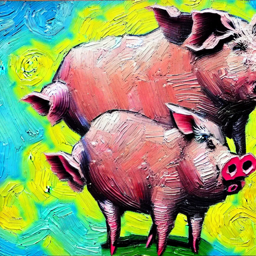 Prompt: large pig painted in a style of painting similar to Van Gogh but more impasto and less hatching