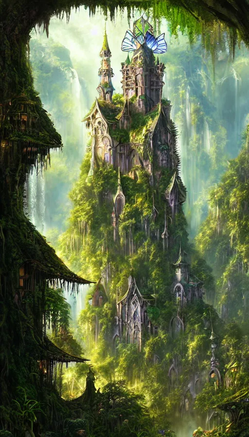 Image similar to fairy palace, castle towers, sunbeams, gothic towers, Japanese shrine waterfall, gold and gems, gnarly details, lush vegetation, forest landscape, painted by tom bagshaw, raphael lacoste, eddie mendoza, alex ross concept art matte painting