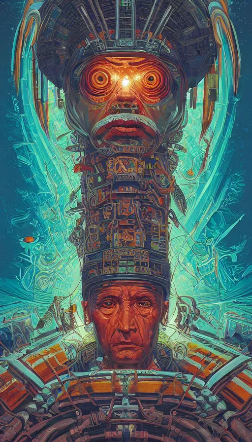 Prompt: The oracle of the mayan elders, italian futurism, Dan Mumford, Josan Gonzalez